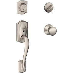SCHLAGE Camelot Single Cylinder Handleset and Plymouth Knob, Satin Nickel (F60 CAM 619 PLY)