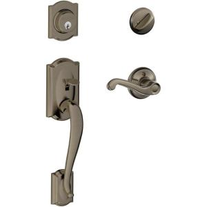 SCHLAGE Camelot Single Cylinder Handleset and Right Hand Flair Lever, Antique Pewter (F60 CAM 620 FLA RH)