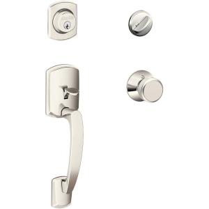 SCHLAGE Greenwich Single Cylinder Handleset and Bowery Knob, Polished Nickel (F60 GRW 618 BWE)(Polished Nickel)