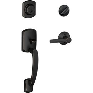 SCHLAGE Greenwich Single Cylinder Handleset and Broadway Lever, Matte Black (F60 GRW 622 BRW GRW)(Aged Bronze)