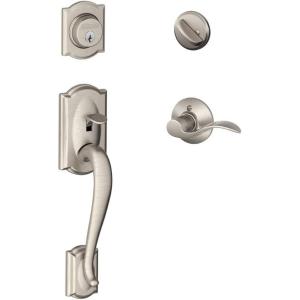 SCHLAGE Lock Company Camelot Single Cylinder Handleset and Left Hand Accent Lever, Satin Nickel (F60 CAM 619 ACC LH)(Standard Interior Trim)
