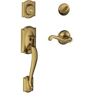 SCHLAGE Lock Company Camelot Single Cylinder Handleset and Right Hand Flair Lever, Antique Brass (F60 CAM 609 FLA RH)