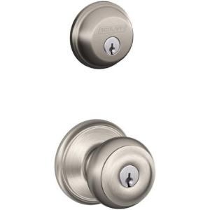 SCHLAGE Satin Nickel FB50N V GEO 619 B60 Single Cylinder Deadbolt and F51 Entry Georgian Knob Keyed Alike, Finish, Security Set(Satin Nickel)