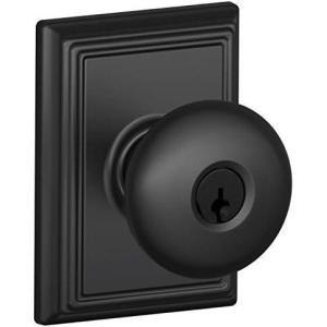 Schlage F51A-PLY-ADD Keyed Entry Plymouth Door Knobset with Decorative Addison R, Matte Black
