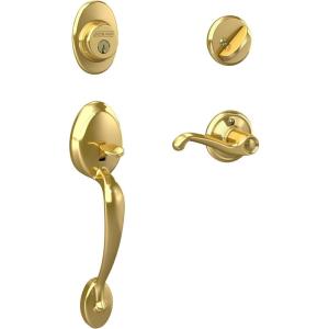 Schlage F60 V PLY 505 FLA 605 Plymouth Front Entry Handleset with Flair Lever, Deadbolt Keyed 1 Side, Bright Brass
