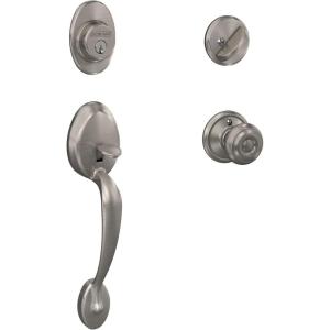Schlage F60 V PLY 619 GEO Plymouth Front Entry Handleset with Georgian Knob, Deadbolt Keyed 1 Side, Satin Nickel