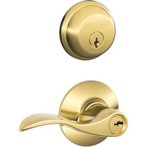 Schlage FB50 V Acc 619 Single Cylinder Deadbolt and Keyed Entry Accent Lever, Satin Nickel(Bright Brass Finish)