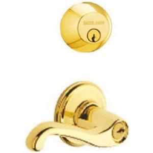 Schlage FB50 V FLA 505 605 Single Cylinder Deadbolt and Keyed Entry Flair Lever, Bright Brass