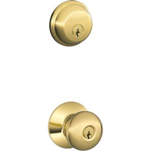 Schlage FB50 V PLY 505 605 Single Cylinder Deadbolt and Keyed Entry Plymouth Knob, Bright Brass