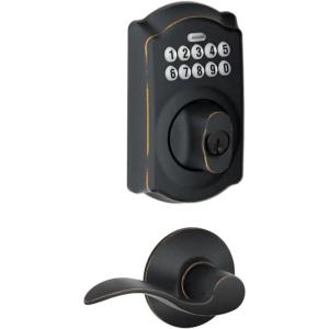 Schlage FBE365 V CAM 716 Acc Camelot Aged Bronze Electronic Door Lock Deadbolt with Accent Door Lever Combo