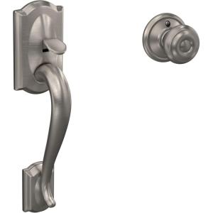 Schlage FE285 CAM 619 GEO Camelot Front Entry Handleset with Georgian Knob, Lower Half Grip, Satin Nickel