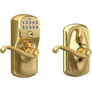 Schlage FE595 V PLY 505 FLA Plymouth Keypad Entry with Flex-Lock and Flair Lever, Bright Brass(Bright Brass)