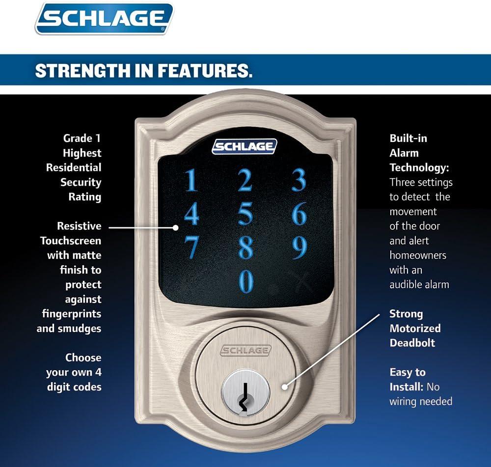 image:imageSCHLAGE ZWave Connect Camelot Touchscreen Deadbolt with BuiltIn Alarm Works with Amazon Alexa via Wink Aged Bronze FE469NX ACC 716 CAM LHSatin Nickel