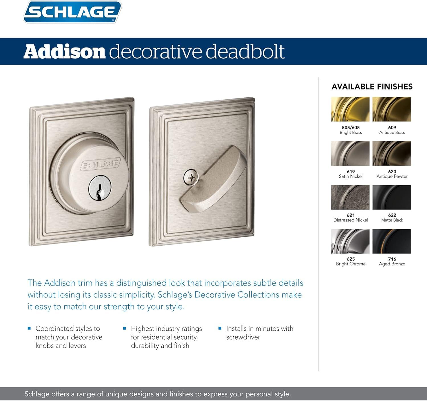 image:imageSchlage B60 N ADD 619 Deadbolt with Addison Trim Keyed 1 Side Highest Residential Security Satin Nickel