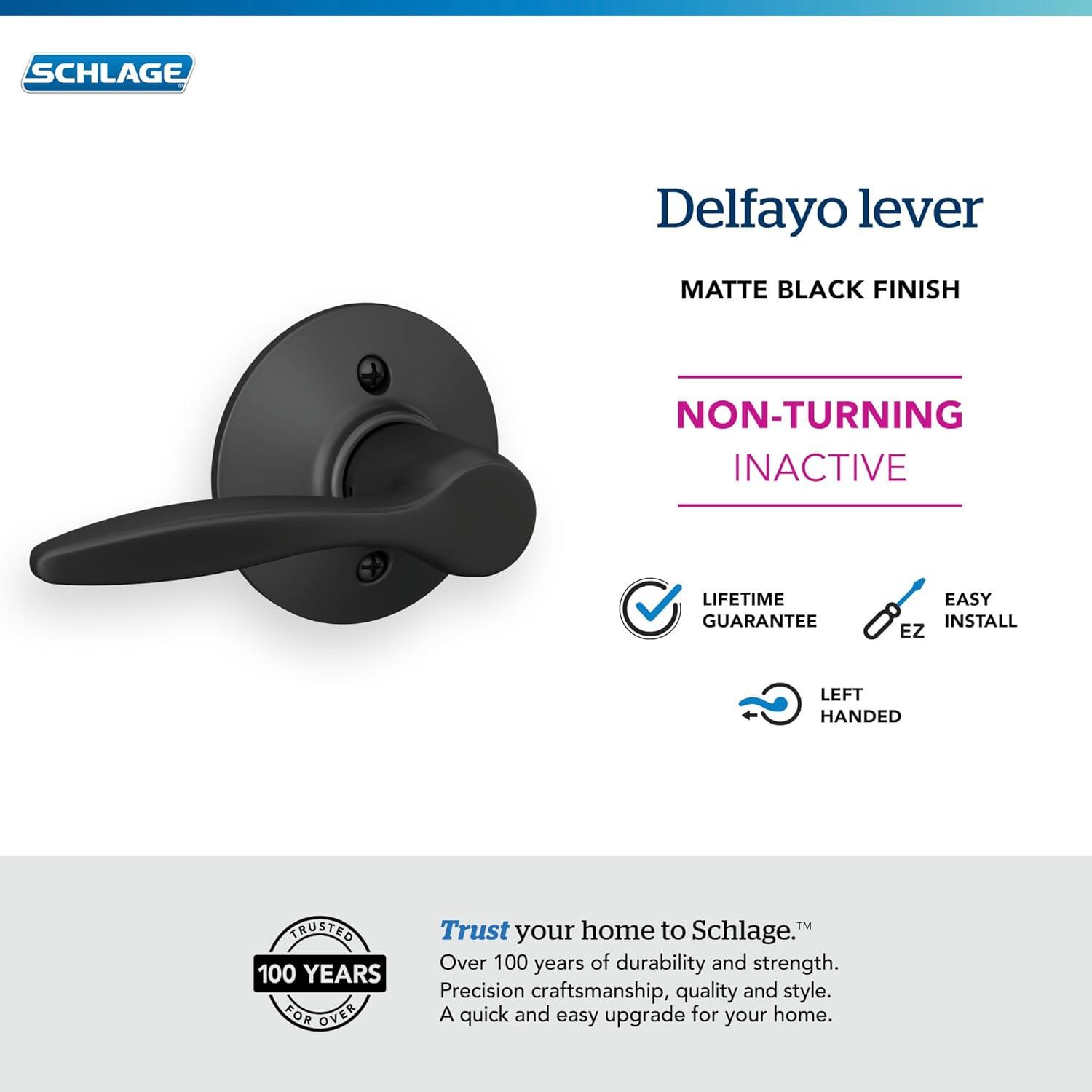 image:imageSchlage F170 DEL 622 LH Left Handed Delfayo Door Lever with Standard Trim OneSided NonTurning Dummy Handle Matte Black