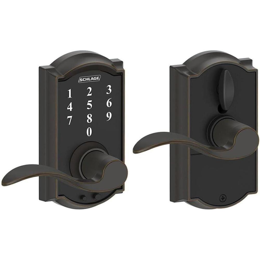 image:imageSchlage FE695 Camelot by Accent Keyless Touch Lever Lock with 16211 Latch 10063 Strike Aged Bronze Finish
