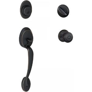 Schlage F60PLY716GEO Plymouth Active Door Handleset with Georgian Interior, Aged Bronze(Aged Bronze)