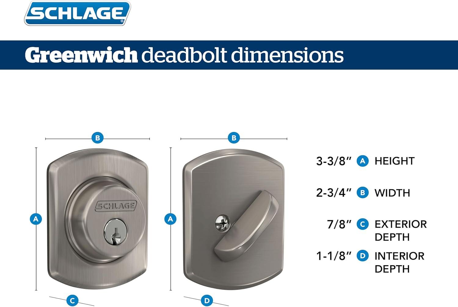 image:imageSchlage B60 N GRW 608 Deadbolt with Greenwich Trim Keyed 1 Side Highest Residential Security Satin Brass