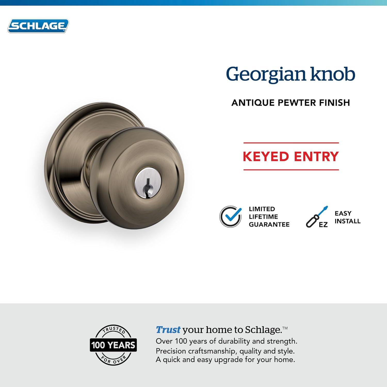 image:imageSchlage F51A GEO 622 Georgian Door Knob Keyed Entry Lock Matte BlackAntique Pewter