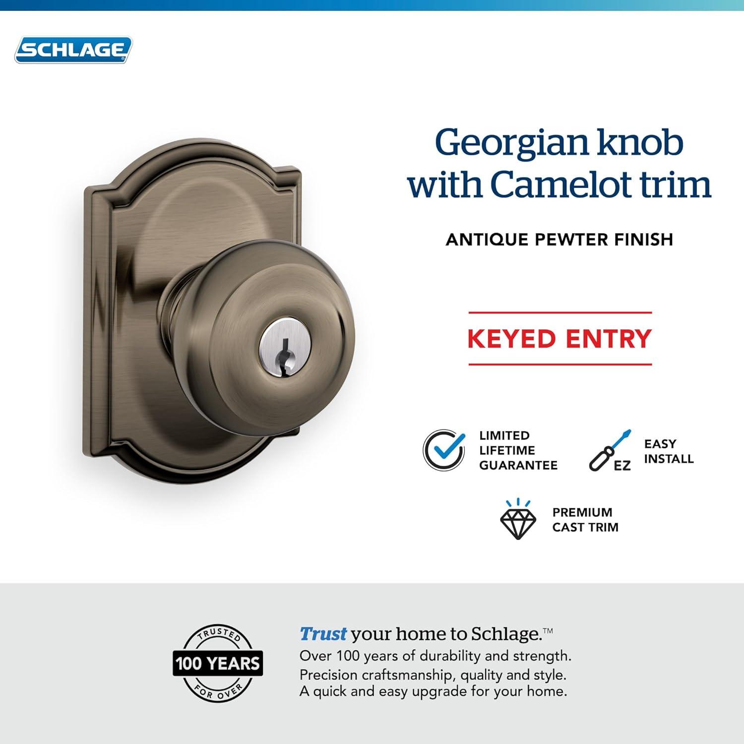 image:imageSchlage F51A GEO 622 Georgian Door Knob Keyed Entry Lock Matte BlackAntique Pewter