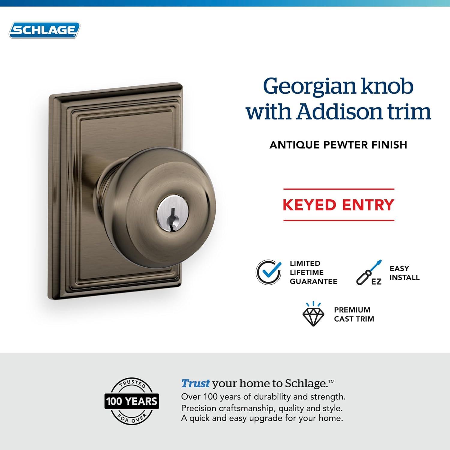 image:imageSchlage F51A GEO 622 Georgian Door Knob Keyed Entry Lock Matte BlackAntique Pewter