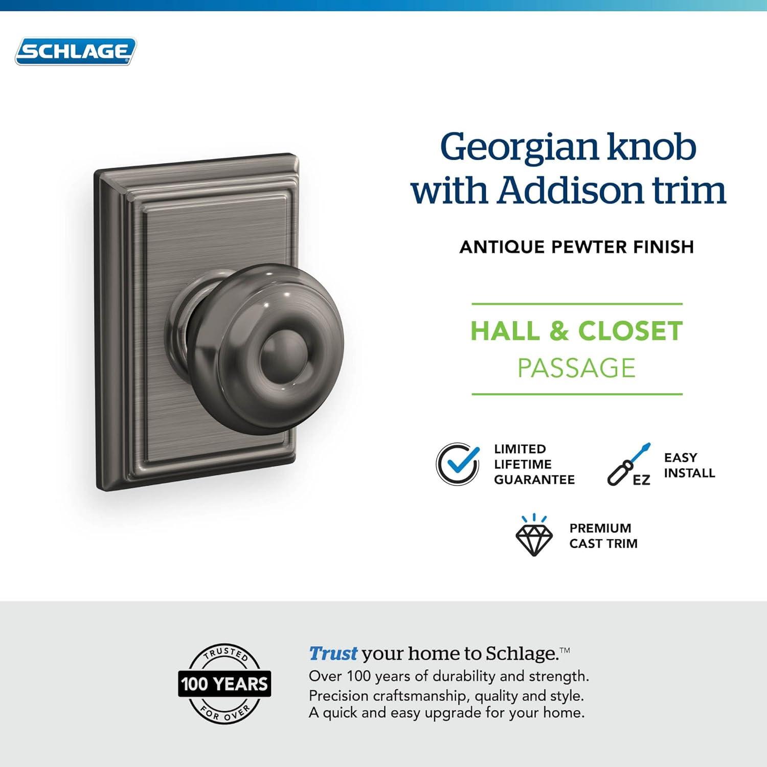 image:imageSchlage F51A GEO 622 Georgian Door Knob Keyed Entry Lock Matte BlackAntique Pewter