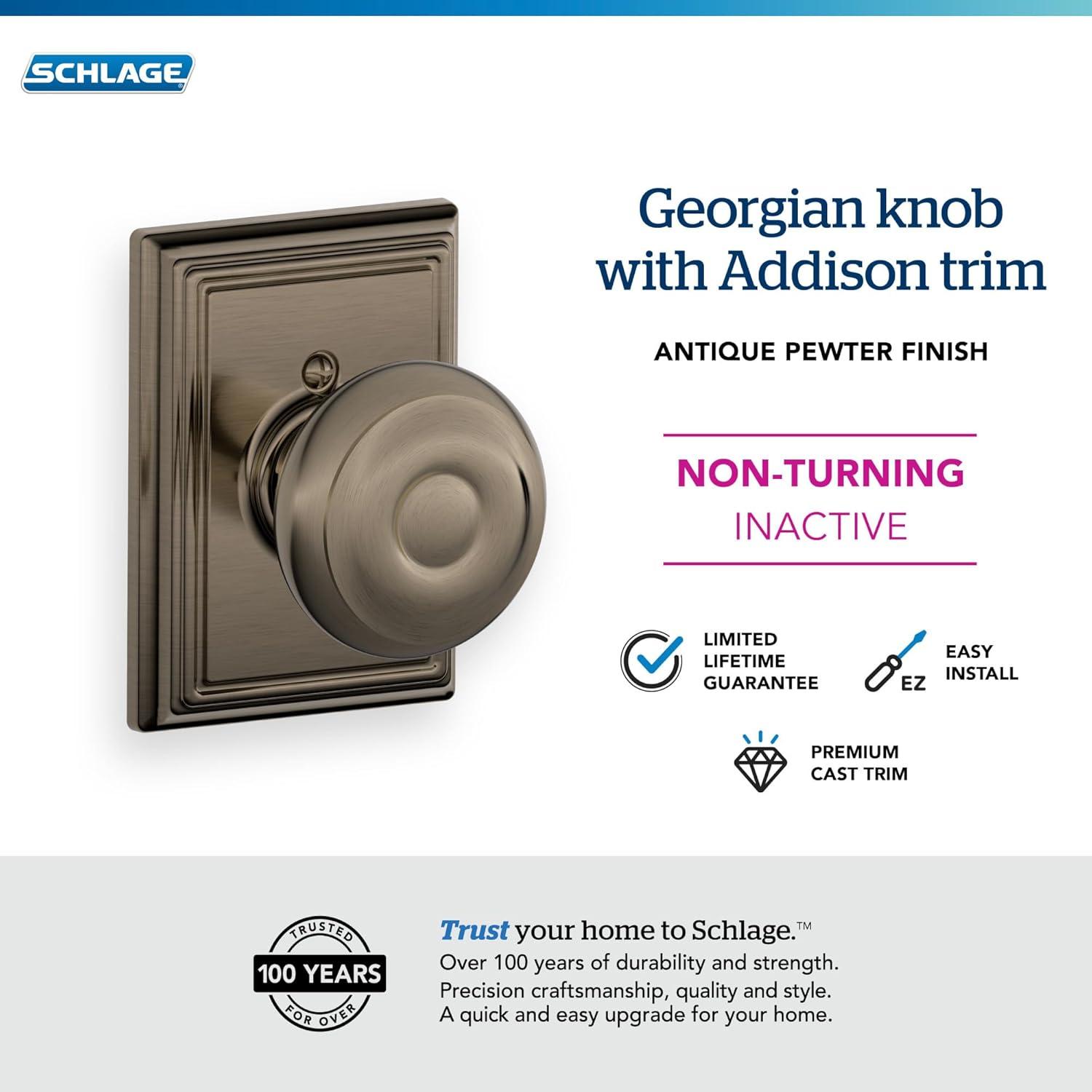 image:imageSchlage F51A GEO 622 Georgian Door Knob Keyed Entry Lock Matte BlackAntique Pewter