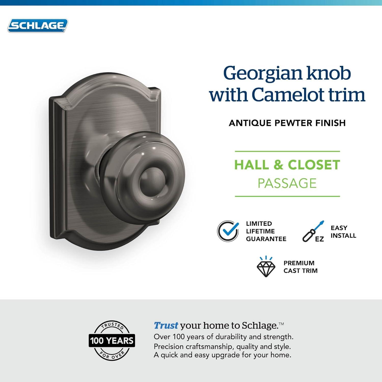 image:imageSchlage F51A GEO 622 Georgian Door Knob Keyed Entry Lock Matte BlackAntique Pewter