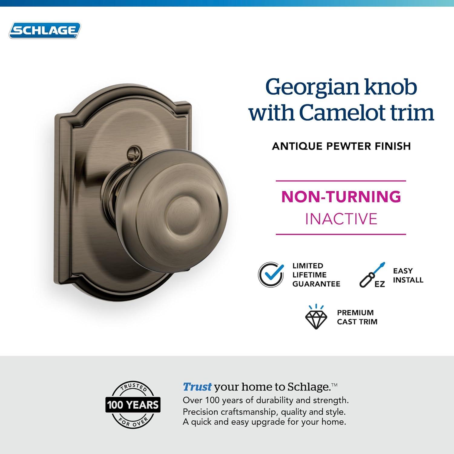 image:imageSchlage F51A GEO 622 Georgian Door Knob Keyed Entry Lock Matte BlackAntique Pewter