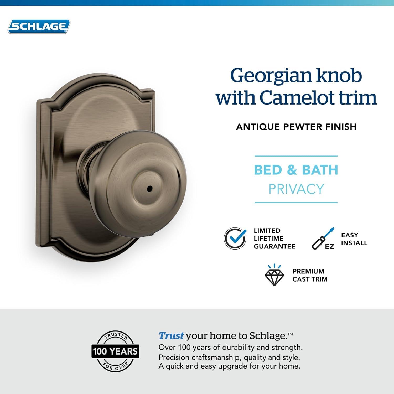 image:imageSchlage F51A GEO 622 Georgian Door Knob Keyed Entry Lock Matte BlackAntique Pewter