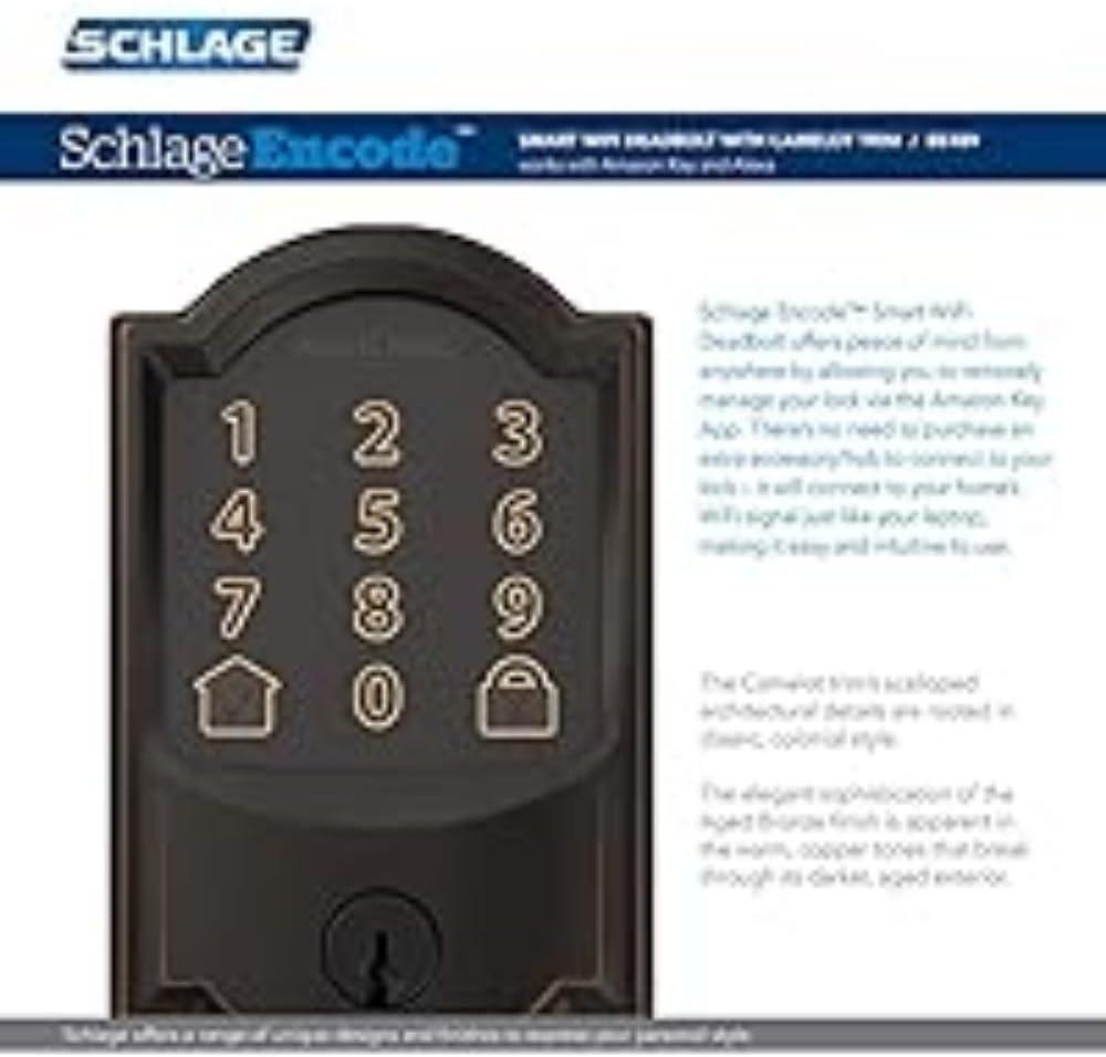 image:imageSchlage Lock Company BE489WB CAM 716 Schlage Encode Smart WiFi Deadbolt with Camelot Trim in Aged Bronze Company Camelot Front Entry Handle Georgian Interior Knob Aged Bronze
