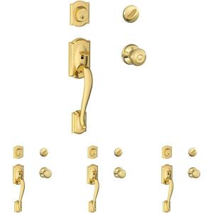 SCHLAGE Camelot Single Cylinder Handleset and Georgian Knob, Bright Brass (F60 CAM 605 GEO) (Pack of 4)((Pack of 4))