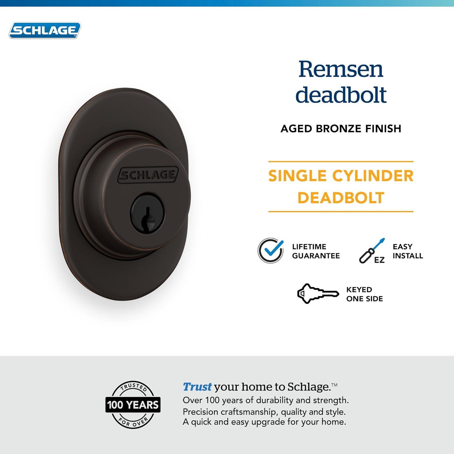 image:imageSchlage B60 RMN 716 Deadbolt with Remsen Trim Keyed 1 Side Highest Residential Security Aged Bronze