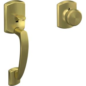 Schlage FE285 GRW 608 BWE GRW Greenwich Front Entry Handleset with Bowery Door Knob, Lower Half Grip, Satin Brass