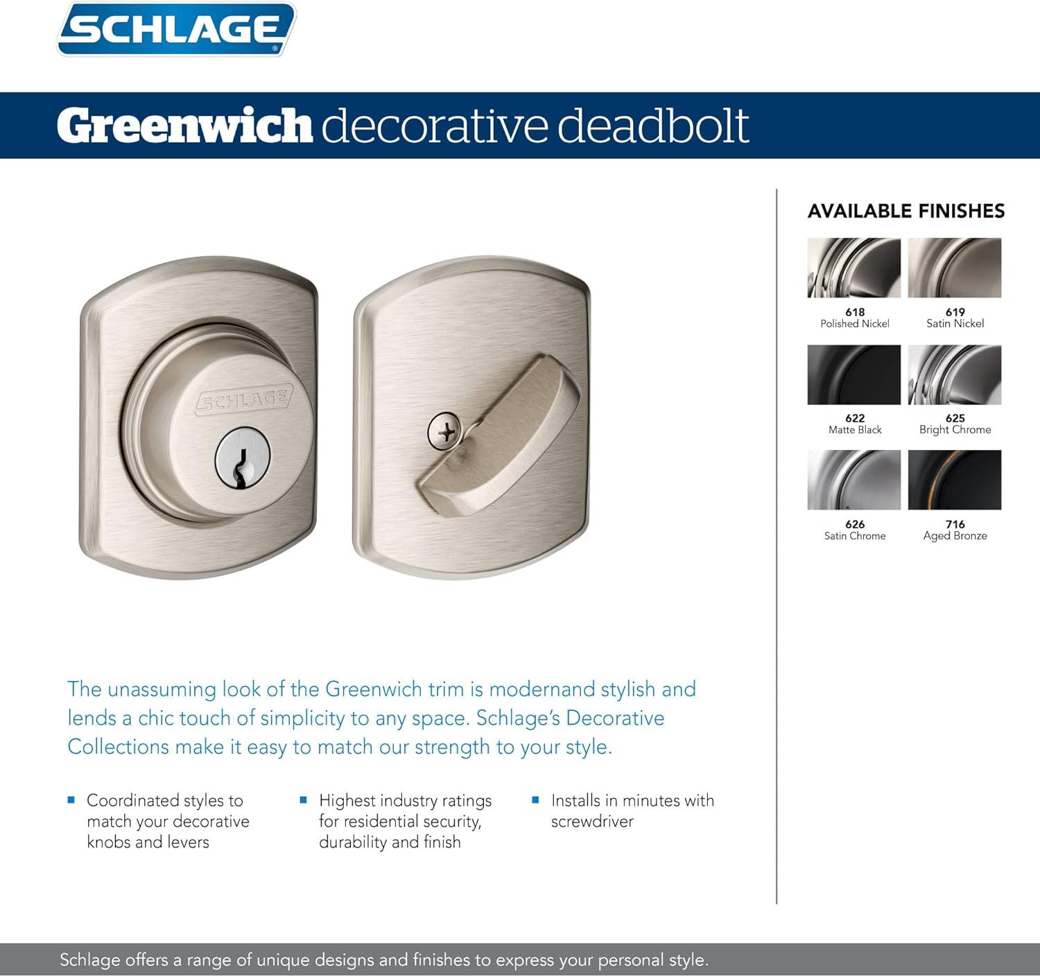 image:imageSCHLAGE Single Cylinder Deadbolt with Greenwich Trim Satin Nickel B60 N GRW 619