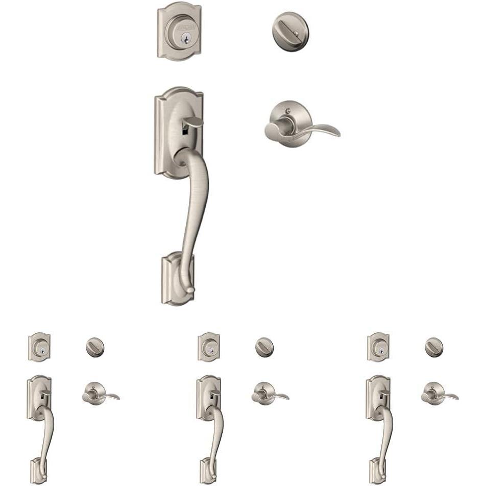 image:imageSCHLAGE Lock Company Camelot Single Cylinder Handleset and Left Hand Accent Lever Satin Nickel F60 CAM 619 Acc LH Pack of 4Standard Interior Trim Pack of 4